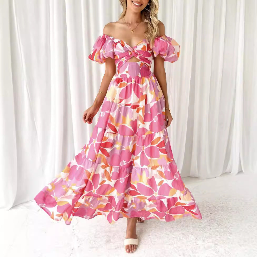 CM | Maxivestido de mujer - Algodón ligero - Mangas abullonadas - Pecho fruncido - Corte vaporoso