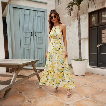 CM | Maxivestido de mujer - Mezcla ligera de algodón - Cuello halter - Falda con vuelo - Cintura ajustable