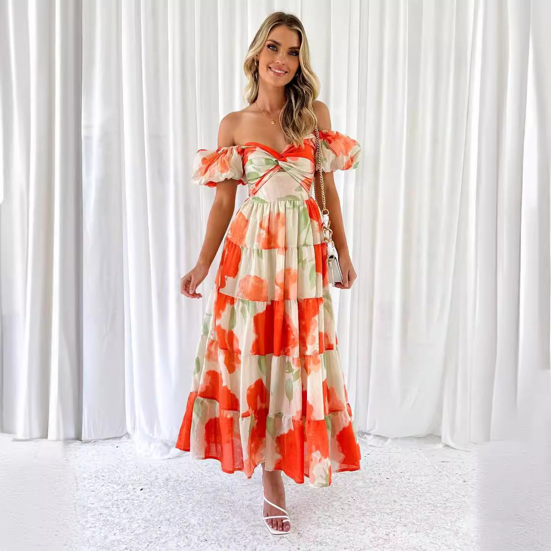 CM | Maxivestido de mujer - Ajustado y acampanado - Mangas abullonadas - Top recortado - Falda con vuelo - Estampado