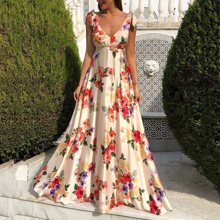CM | Maxi vestido de mujer - Estampado floral - Escote redondo - Sin mangas - Espalda abierta - Corte vaporoso