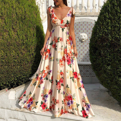 CM | Maxi vestido de mujer - Estampado floral - Escote redondo - Sin mangas - Espalda abierta - Corte vaporoso