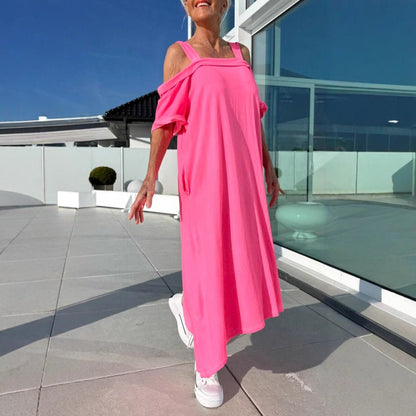 CM | Vestido largo para mujer - Sin hombros - Corte relajado - Algodón - Casual para el día a día