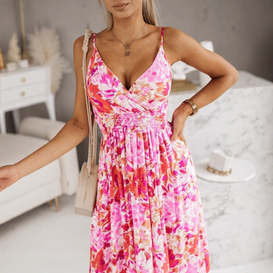 CM | maxi vestido de mujer - cruzado con cuello en V - estampado floral - tirantes ajustables - corte entallado