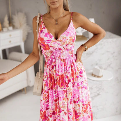 CM | maxi vestido de mujer - cruzado con cuello en V - estampado floral - tirantes ajustables - corte entallado