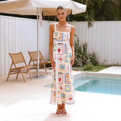 CM | Maxivestido de mujer - Estampado geométrico - Ribete de encaje - Corte fluido sin mangas