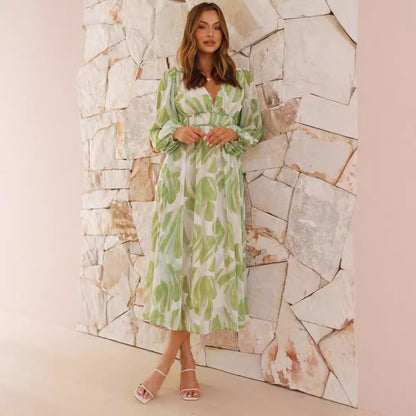 CM | Vestido largo para mujer - gasa - estampado floral - escote en V - corte holgado - mangas largas