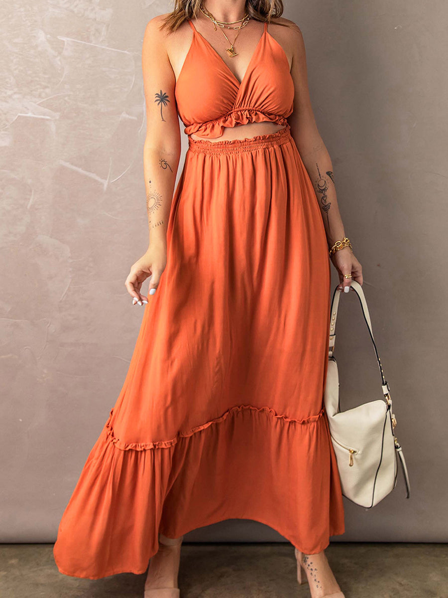 CM | maxi vestido con tirantes y escote de volantes