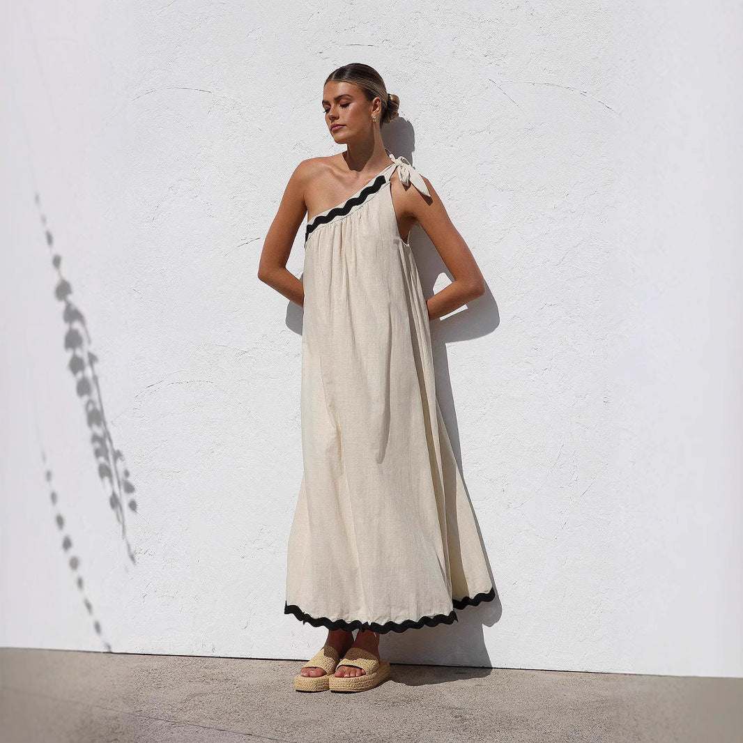 CM | Maxivestido de mujer - Un hombro - Lazo de corbata - Corte relajado - Dobladillo festoneado - Transpirable