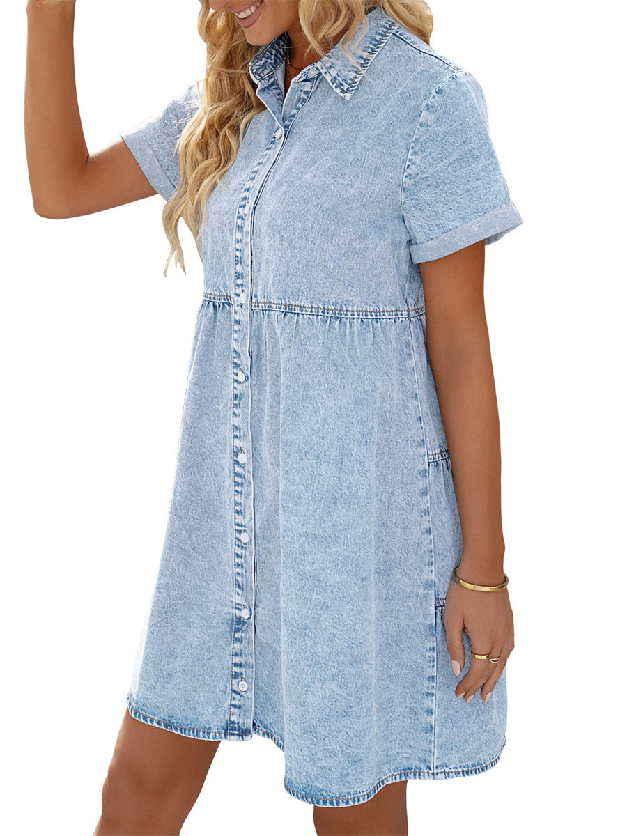 CM | Button Down Cinturón Plisado Flare A-Line Camisa Vestido Midi