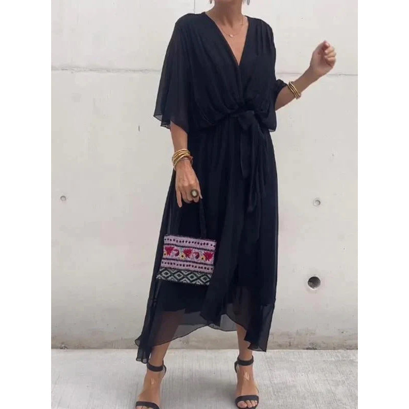 CM | Maxivestido de mujer - Corte holgado - Mangas murciélago - Cinturón de anudar - Bajo asimétrico