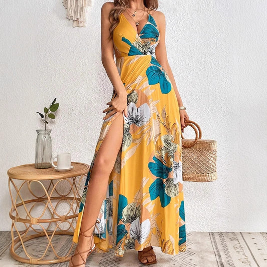 CM | Maxivestido de mujer - Estampado floral tropical - Escote en pico profundo - Abertura alta - Corte relajado