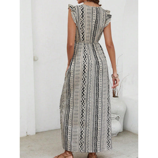 CM | Maxivestido de mujer - Cuello de pico - Cintura entallada - Abertura lateral - Mangas con volantes - Estampado geométrico