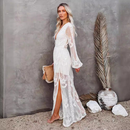 CM | Vestido largo para mujer - gasa de encaje - escote en V - mangas transparentes - abertura alta - ropa formal
