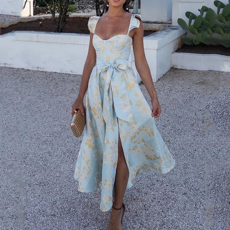 CM | Maxi Vestido de Mujer - Estampado Floral - Escote Corazón - Lazos - Algodón A-Line
