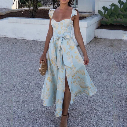 CM | Maxi Vestido de Mujer - Estampado Floral - Escote Corazón - Lazos - Algodón A-Line