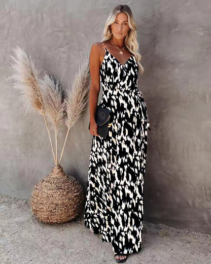 CM | Vestido Largo de Mujer - Top Slim Fit - Línea A - Cuello en V - Tirantes Espagueti - Estampado