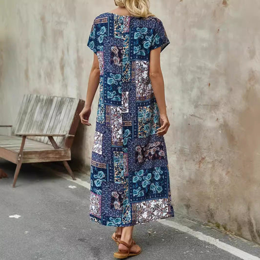 CM | Vestido largo para mujer - Corte relajado - Mangas cortas - Paisley patchwork - Mezcla transpirable