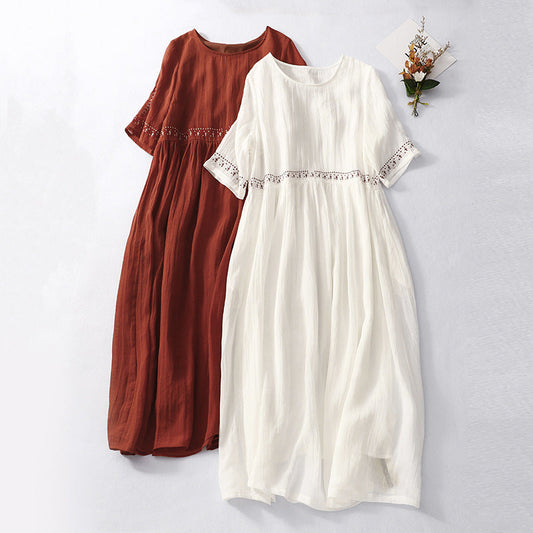 CM | Maxivestido de mujer - Corte relajado - Algodón - Manga corta - Encaje en la cintura