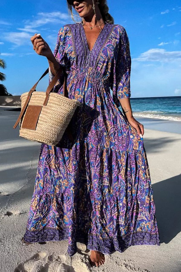 CM | maxi vestido manga murciélago con cuello en V y estampado paisley