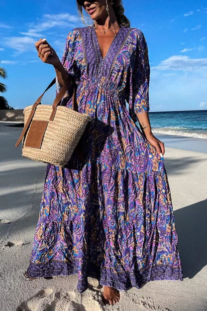 CM | maxi vestido manga murciélago con cuello en V y estampado paisley