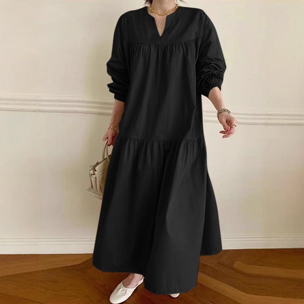CM | Maxivestido de mujer - Mezcla de algodón y lino - Corte oversize - Cuello en pico - Mangas abullonadas