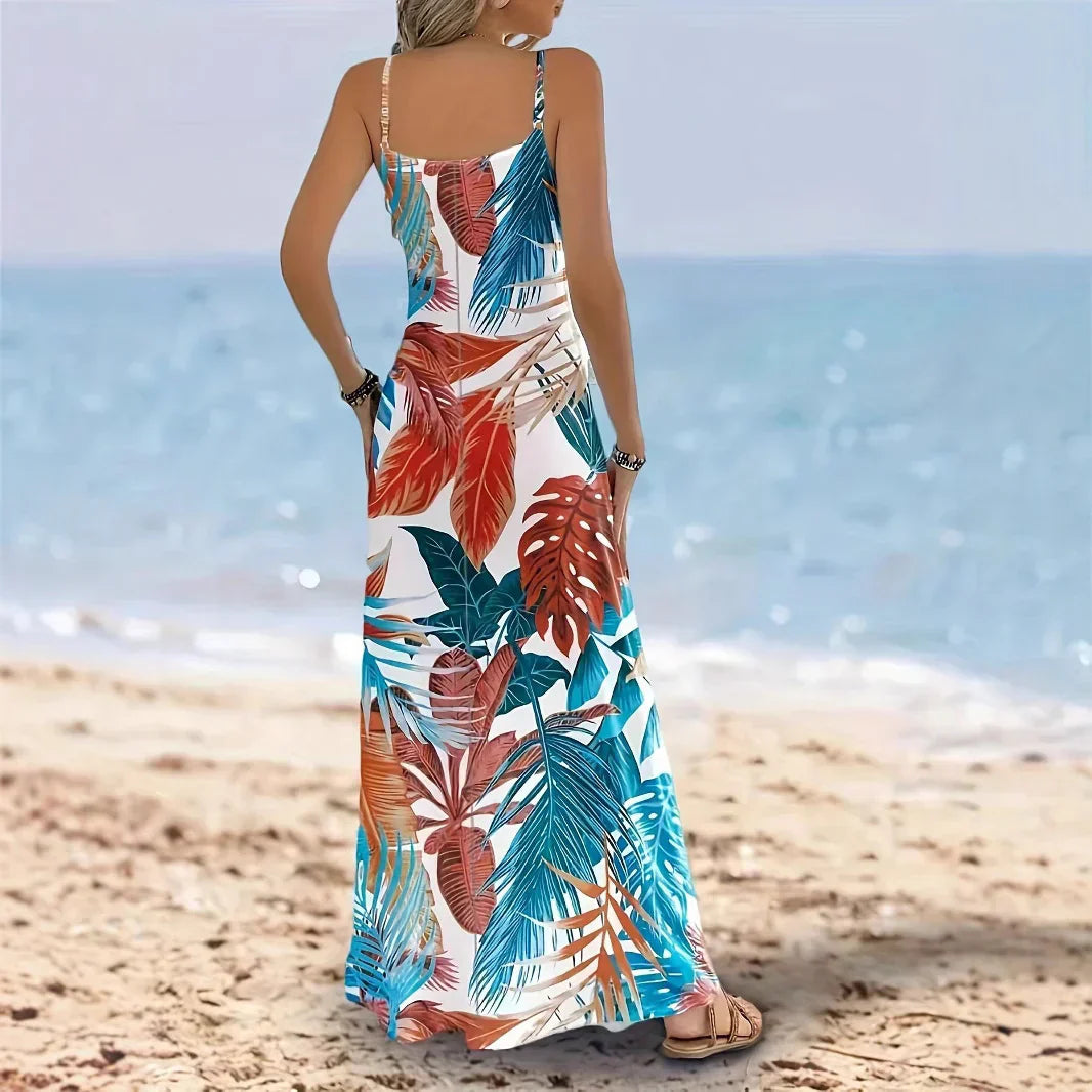 CM | Maxivestido de mujer - Corte vaporoso - Estampado de hojas tropicales - Mezcla de algodón - Sin mangas