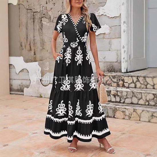 CM | maxi vestido de mujer - bohemio corte en A - estampado floral - cuello en V - manga corta