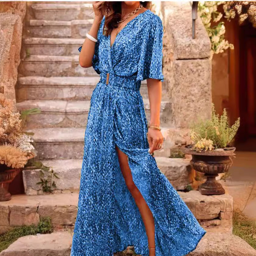 CM | Maxi vestido de mujer - Cuello en V envolvente - Cinturón en la cintura - Mangas cortas - Abertura lateral Corte fluido