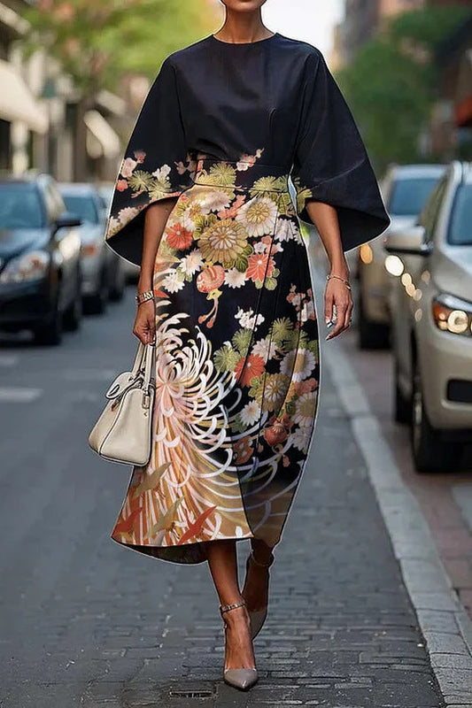 CM | Vestido midi mujer - línea A - mangas kimono - estampado floral