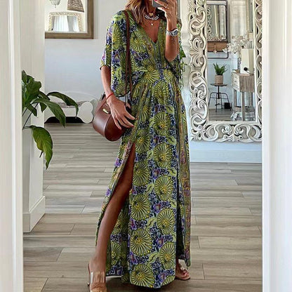 CM | Vestido largo para mujer - Estampado bohemio - Cuello en V - Mangas cortas - Corte relajado - Abertura lateral