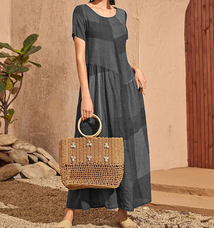 CM | Ladies Vestido largo - Línea A Corte holgado - Algodón - Estampado a cuadros - Manga corta Casual