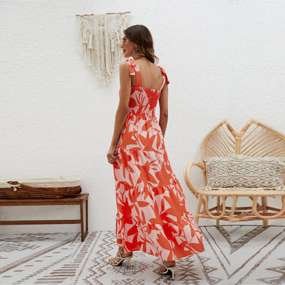CM | Vestido largo de mujer - Top fruncido - Lazos de corbata - Falda con vuelo - Tacto de algodón