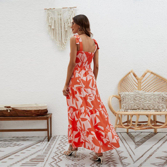 CM | Vestido largo de mujer - Top fruncido - Lazos de corbata - Falda con vuelo - Tacto de algodón