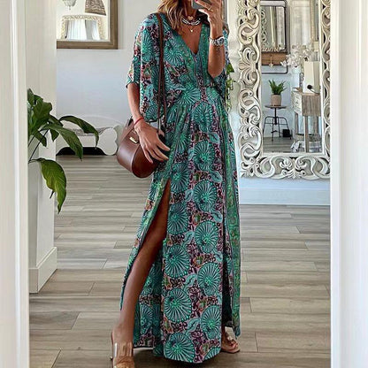 CM | Vestido largo para mujer - Estampado bohemio - Cuello en V - Mangas cortas - Corte relajado - Abertura lateral