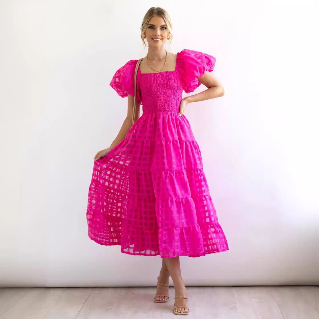 CM | Maxi vestido de mujer - hombros al descubierto - mangas abullonadas - cintura fruncida - falda con vuelo - mezcla transpirable