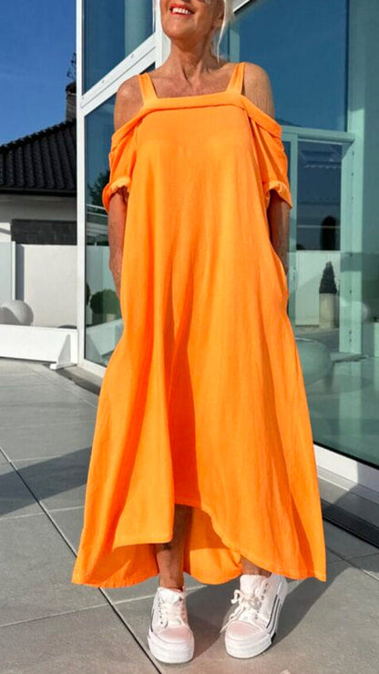 CM | Vestido largo para mujer - Sin hombros - Corte relajado - Algodón - Casual para el día a día