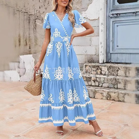 CM | maxi vestido de mujer - bohemio corte en A - estampado floral - cuello en V - manga corta