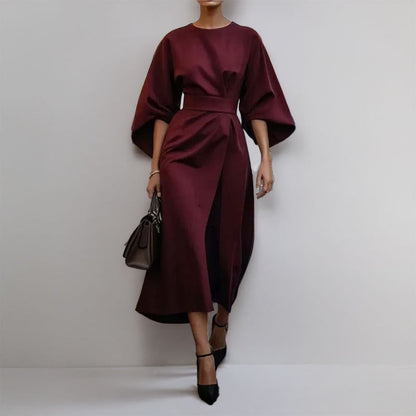 CM | Vestido largo para mujer - aspecto satinado - mangas murciélago - corte entallado - silueta drapeada