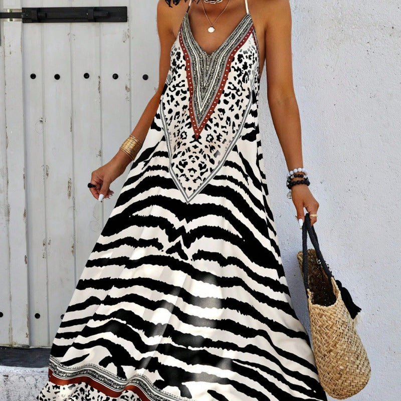 CM | Maxivestido de mujer - Corte en A - Cuello en V - Estampado de colores - Algodón