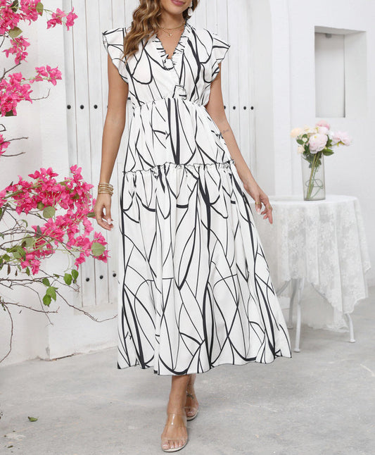 CM | Maxivestido de mujer - Corte relajado - Cuello en pico - Sin mangas - Estampado gráfico - Mezcla transpirable