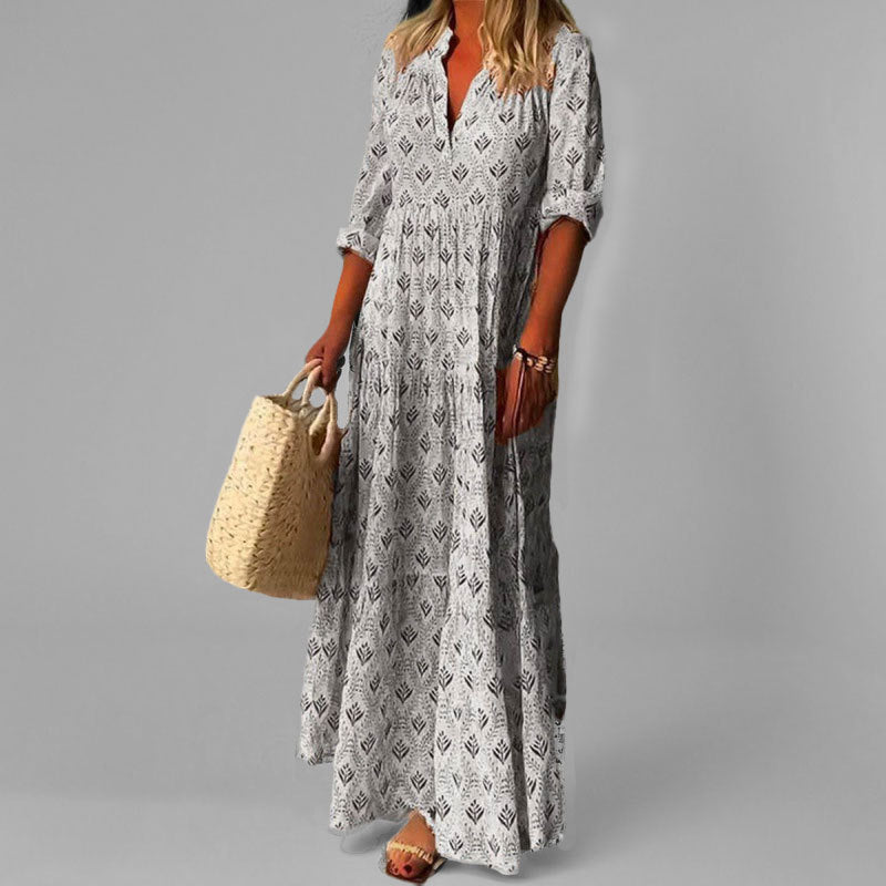 CM | maxi vestido de mujer - ligero - corte holgado - cuello en V - estampado vintage - mangas 3/4