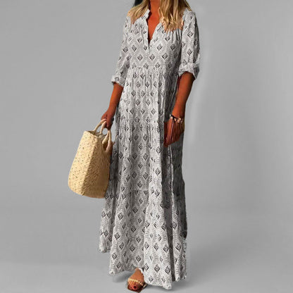 CM | maxi vestido de mujer - ligero - corte holgado - cuello en V - estampado vintage - mangas 3/4
