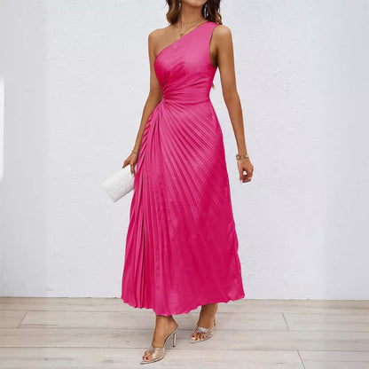 CM | Maxi Vestido de Mujer - Raso - Un Hombro - Cintura Acanalada - Falda Plisada