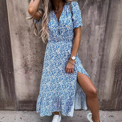 CM | Maxi vestido de mujer - Cintura alta - Cuello en V - Mangas cortas - Estampado floral - Abertura lateral