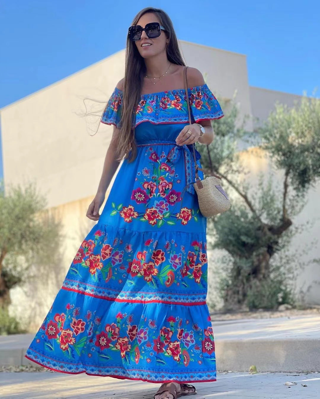 CM | Vestido largo estampado con cordones en la cintura