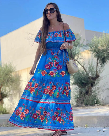 CM | Vestido largo estampado con cordones en la cintura