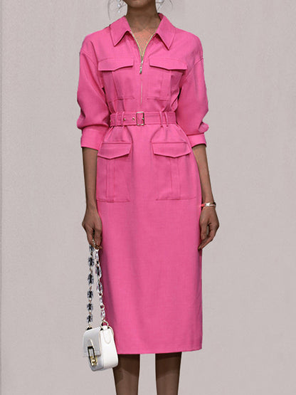 CM | Camisa safari multibolsillos con cinturón y cuello vestido midi