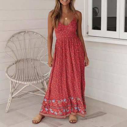 CM | maxi vestido de mujer - estampado floral - cuello en V con tirantes - corte boho fluido - material ligero