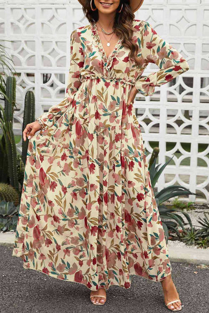 CM | Vestido maxi mujer - Gasa - Corte bohemio - Cuello de pico - Mangas largas - Estampado floral