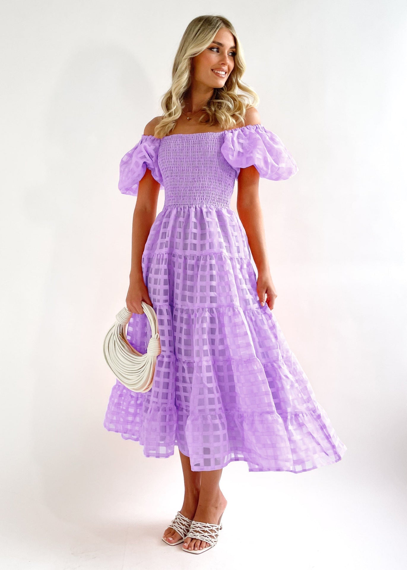 CM | Maxi vestido de mujer - hombros al descubierto - mangas abullonadas - cintura fruncida - falda con vuelo - mezcla transpirable